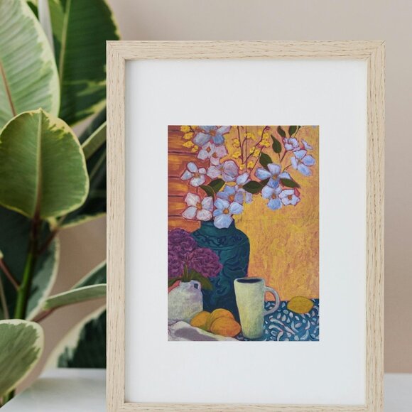 Colorful Kitchen Still Life Lemons, Tea, & Flowers Art Print for Farmhouse Decor - Picture 4 of 10